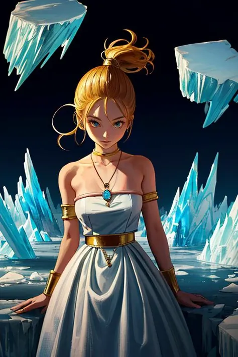 (masterpiece, best quality, highres, absurdres, ultra-detailed:1.3), 1girl, <lora:marle:0.75>((marle, solo, pendant, blonde ponytail, strapless dress, nadiaoutfit)), <lora:toriyama_akira_3:0.4>toriyama akira, (blue swirls, ice, glaciers, magic spell, ice queen) <lora:LowRA:0.85>