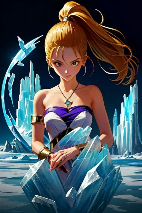 (masterpiece, best quality, highres, absurdres, ultra-detailed:1.3), 1girl, <lora:marle:0.75>((marle, solo, pendant, blonde ponytail, strapless dress, nadiaoutfit)), <lora:toriyama_akira_3:0.4>toriyama akira, (blue swirls, ice, glaciers, magic spell, ice queen) <lora:LowRA:0.85>