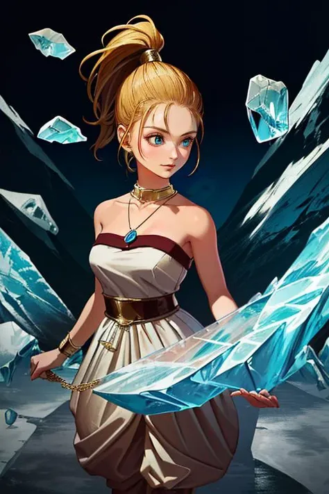 (masterpiece, best quality, highres, absurdres, ultra-detailed:1.3), 1girl, <lora:marle:0.75>((marle, solo, pendant, blonde ponytail, strapless dress, nadiaoutfit)), <lora:toriyama_akira_3:0.4>toriyama akira, (blue swirls, ice, glaciers, magic spell, ice queen) <lora:LowRA:0.85>