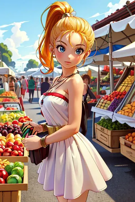(masterpiece, best quality, highres, absurdres, ultra-detailed:1.3), 1girl in a (busy farmer market), <lora:marle:0.6>((marle, solo, pendant, ponytail, strapless dress, nadiaoutfit)), <lora:toriyama_akira_3:0.4>toriyama akira