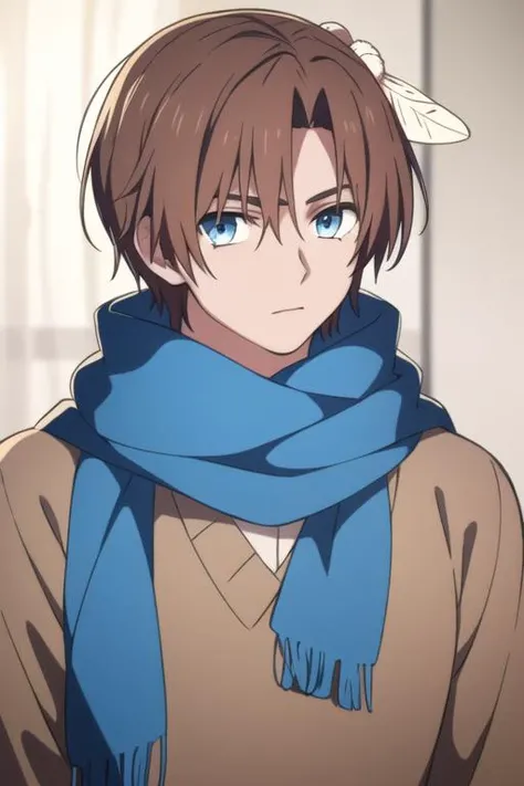 masterpiece, best quality, high quality, 1boy, solo, male focus, looking at viewer, upper body, <lora:yun:0.82>, yun, blue eyes, hair ornament, brown hair, scarf, feather hair ornament,