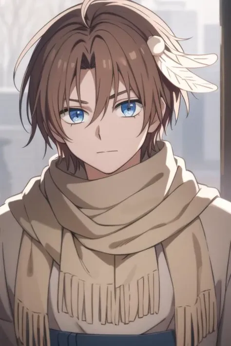 masterpiece, best quality, high quality, 1boy, solo, male focus, looking at viewer, upper body, <lora:yun:0.82>, yun, blue eyes, hair ornament, brown hair, scarf, feather hair ornament,
