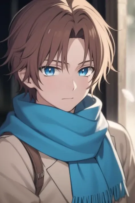 masterpiece, best quality, high quality, 1boy, solo, male focus, looking at viewer, upper body, <lora:yun:0.70>, yun, blue eyes, hair ornament, feathers, brown hair, scarf, anime_coloring,