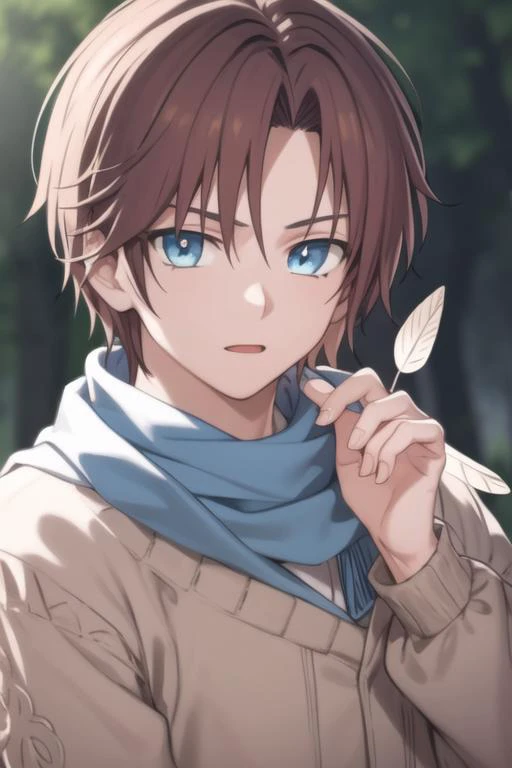 masterpiece, best quality, high quality, 1boy, solo, male focus, looking at viewer, upper body, <lora:yun:0.70>, yun, blue eyes, hair ornament, feathers, , scarf, <lora:Realism-10:0.25>, Realism
