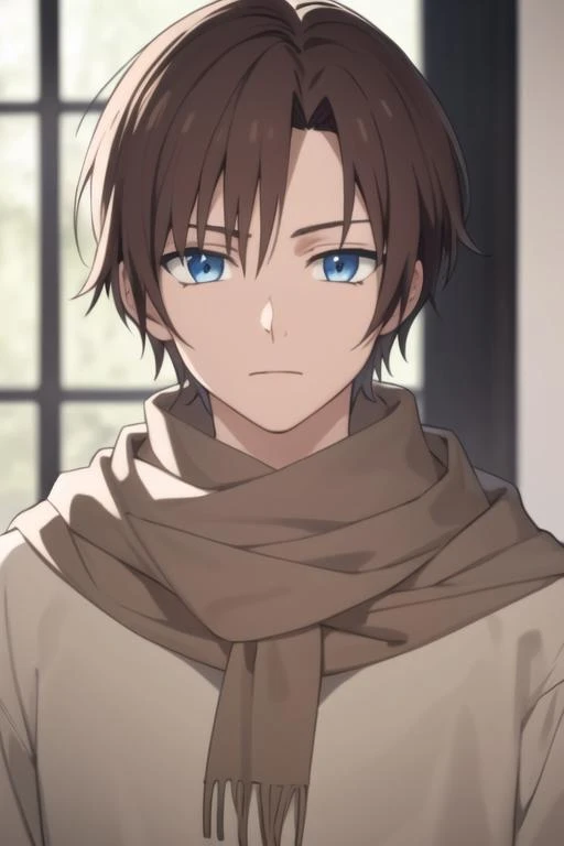 masterpiece, best quality, high quality, 1boy, solo, male focus, looking at viewer, upper body, <lora:yun:0.70>, yun, blue eyes, hair_ornament, brown hair, scarf, <lora:animemix_v3_offset:0.25>
