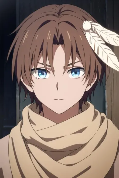 masterpiece, best quality, high quality, 1boy, solo, male focus, looking at viewer, upper body, <lora:yun:0.70>, yun, blue eyes, hair ornament, brown hair, scarf, feather hair ornament, <lora:animemix_v3_offset:0.25>