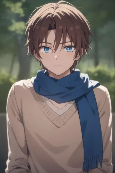 masterpiece, best quality, high quality, 1boy, solo, male focus, looking at viewer, upper body, <lora:yun:0.80>, yun, blue eyes, hair ornament, brown hair, scarf,