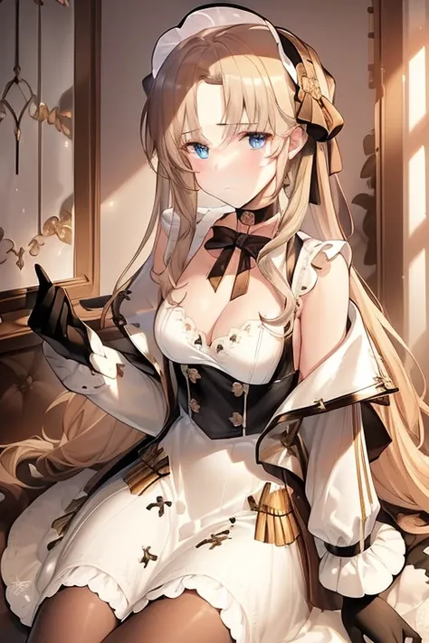 {masterpiece},{best quality},{1girl},1girl,bangs,black_choker, black_gloves, blonde_hair,blue_eyes, breasts, choker, closed_mouth, gloves, jacket, long_hair, long_sleeves, looking_at_viewer, medium_breasts, solo,thighhighs,white_jacket