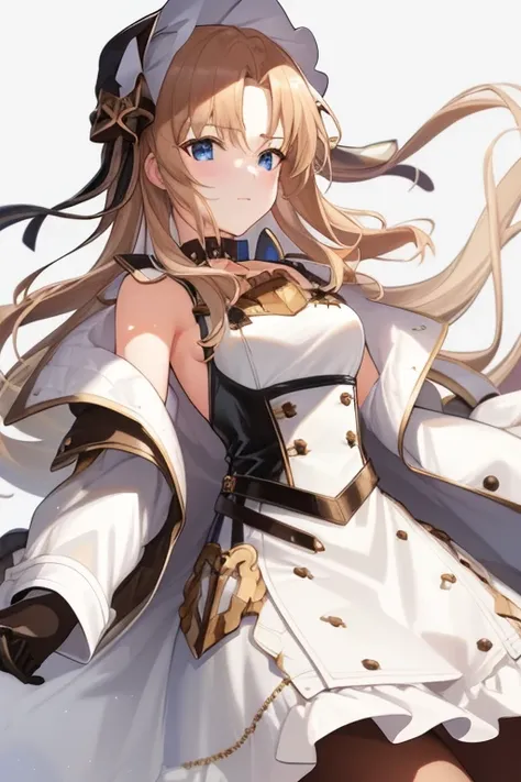 {masterpiece},{best quality},{1girl},1girl,bangs,black_choker, black_gloves, blonde_hair, blue_eyes, breasts, choker, closed_mouth, gloves, jacket, long_hair, long_sleeves, looking_at_viewer, medium_breasts, simple_background, solo,thighhighs,white_background, white_jacket
