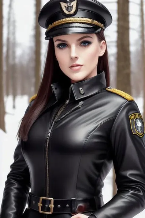 beautiful ((similing)) angwh posing in (dynamic pose) as a worls war 2 diesel punk army officer, black leather german uniform, wearing leather army hat, photo referenced, highest quality, high quality, (detailed face and eyes), dusk lighting,, strong makeup, industrial, outdoor snow forest background ((close up)) <lora:angelaWhiteLora_10_angwh:1>