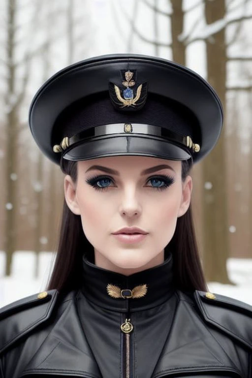 beautiful ((similing)) angwh posing in (dynamic pose) as a worls war 2 diesel punk army officer, black leather german uniform, wearing leather army hat, photo referenced, highest quality, high quality, (detailed face and eyes), dusk lighting,, strong makeup, industrial, outdoor snow forest background ((close up)) <lora:angelaWhiteLora_10_angwh:1>