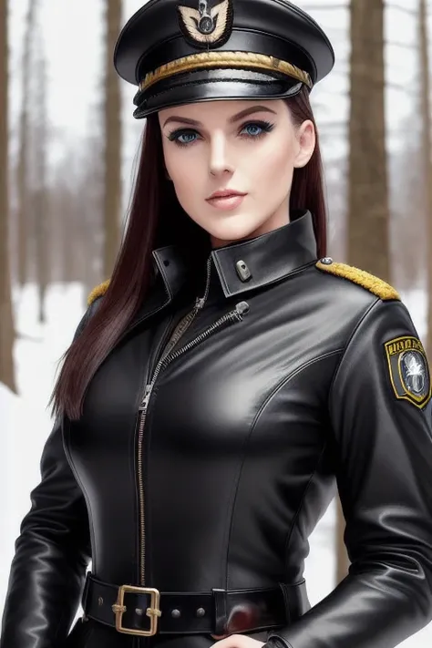 beautiful ((similing)) angwh posing in (dynamic pose) as a worls war 2 diesel punk army officer, black leather german uniform, wearing leather army hat, photo referenced, highest quality, high quality, (detailed face and eyes), dusk lighting,, strong makeup, industrial, outdoor snow forest background   ((close up))  <lora:angelaWhiteLora_10_angwh:1>