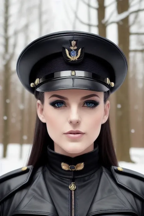 beautiful ((similing)) angwh posing in (dynamic pose) as a worls war 2 diesel punk army officer, black leather german uniform, wearing leather army hat, photo referenced, highest quality, high quality, (detailed face and eyes), dusk lighting,, strong makeup, industrial, outdoor snow forest background ((close up)) <lora:angelaWhiteLora_10_angwh:1>