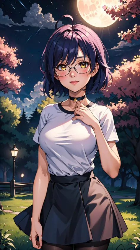 (best quality, masterpiece, colorful, dynamic angle, highest detailed) upperbody shot, fashion photography, <lora:zgenka-10:0.4>, zgenka, short hair, yellow eyes, blue hair, glasses, ahoge, medium breasts, solo, 1girl, bokeh, light passing through hair, (amazing background:1.3), (official art), portrait, t-shirt, black skirt, pantyhose, choker, detailed background, light smile, blush, portrait, night, clouds, sky, stars, moon, pink lips, trees, outside,