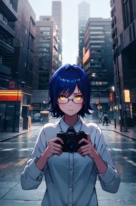 zgenka, 1girl, solo, looking at viewer, short hair, white shirt, long sleeves, yellow eyes, blue hair, glasses, liberally   <lora:zgenka-10:0.6>, lightroom, natural, perfect, [oliver wetter|(kodak portra:0.08)|(leibovitz:0.6)], raw, intricate, high quality, mamiya, exposure blend, (cinematic look:1.4), soothing tones, insane details, intricate details, hyperdetailed, low contrast, soft cinematic light, dim colors, exposure blend, hdr, faded, slate gray atmosphere
