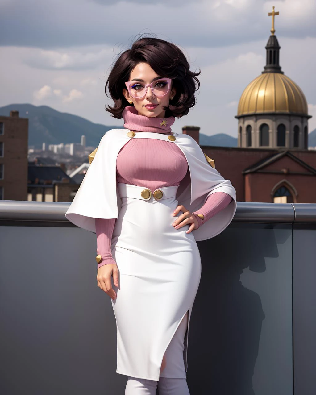 1girl, solo, adult mature woman, age 30, high quality, best quality, highres, high detal Royal Chapel backdrop, <lora:Char_pokemon-Wicke:0.85> wicke, short hair, pink eyewear, turtleneck, capelet, dress, standing