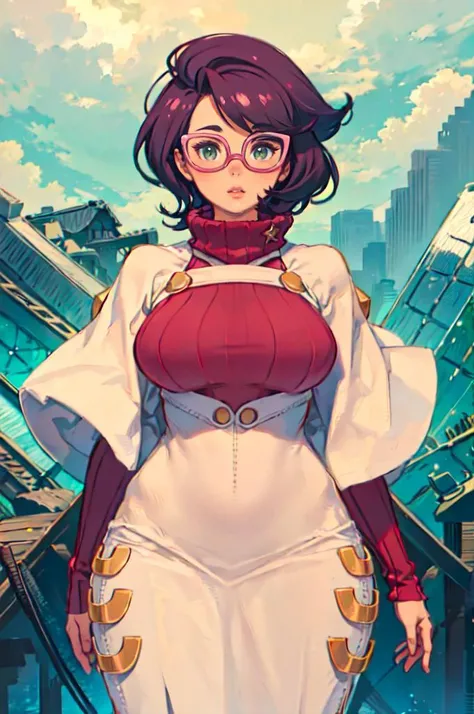 <lora:PKMN_Wicke-DEF:1> Wicke, short hair, (curvy:1.3), pink eyewear, turtleneck, capelet, dress, <lora:kuroboshi_kouhaku_style_v01:1>, ultra detailed, masterpiece, best quality, aesthetic, detailed,