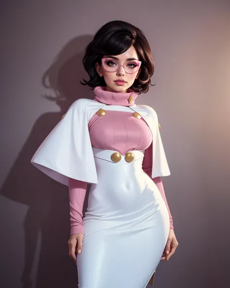 1girl, solo, adult mature woman, age 30, high quality, best quality, highres, high detal Royal Chapel backdrop, <lora:Char_pokemon-Wicke:0.85> wicke, short hair, pink eyewear, turtleneck, capelet, dress, standing