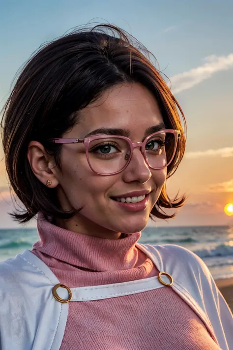 Wicke, short hair, curvy, pink eyewear, turtleneck, capelet, looking at viewer, smiling, close up, outside, beach, ocean, dusk, sunset,  high quality, masterpiece,  <lora:PKMN_Wicke-DEF:.7>