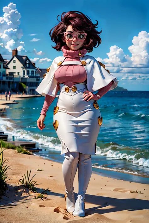 Wicke, short hair, curvy, pink eyewear, turtleneck, capelet, dress, boots, looking at viewer, smiling, full body shot, standing, outside, beach, ocean, docks, sunny, high quality, masterpiece, <lora:PKMN_Wicke-DEF:.7>