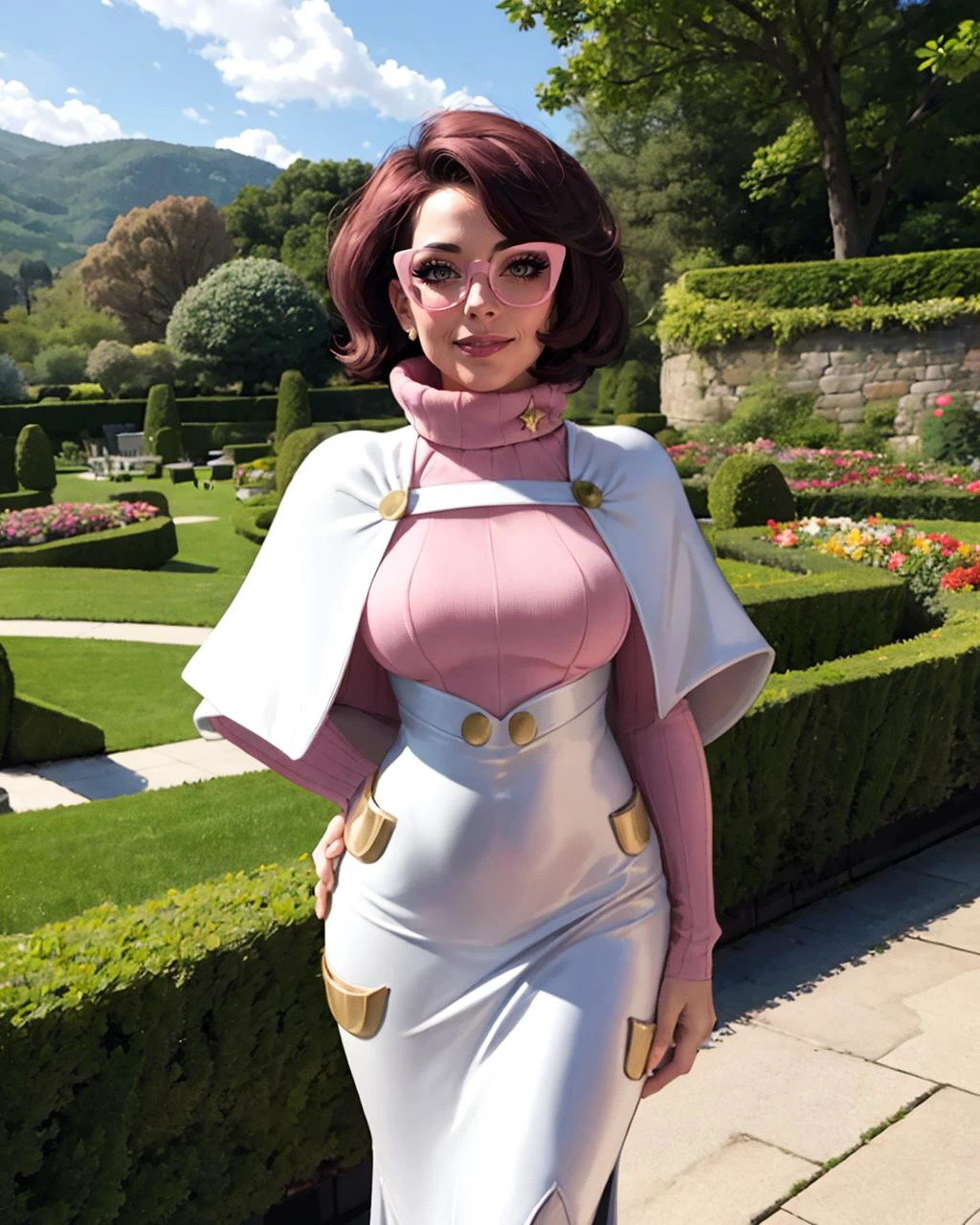 1girl, solo, adult mature woman, age 30, high quality, best quality, highres, high detal Royal Gardens backdrop, <lora:Char_pokemon-Wicke:0.85> wicke, short hair, pink eyewear, turtleneck, capelet, dress, standing