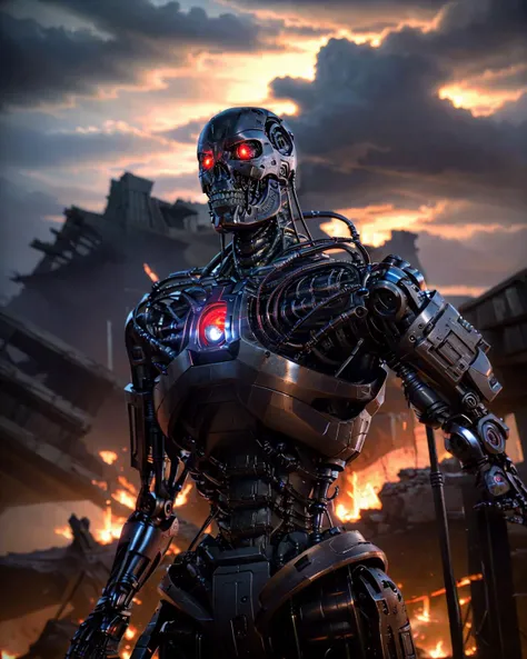 <lyco:terminator:0.8>,medium shot photo of a robot, with red perfect circle glow eyes and metal shiny skull face and chrome metal body,smoke , angry,metal reflex fire flames, fog,dark apocalypse background, intricate detail, blue athmosphere, (sharp focus, eyes focus, masterpiece,best quality, realistic detail,clear image,realistic,high resolution)
