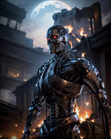 <lyco:terminator:0.8>,medium shot photo of a robot, with red perfect circle glow eyes and metal shiny skull face and chrome metal body,smoke , angry,metal reflex fire flames, fog,dark apocalypse background, intricate detail, blue athmosphere, (sharp focus, eyes focus, masterpiece,best quality, realistic detail,clear image,realistic,high resolution)