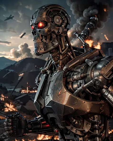 ((A full body terminator cyborg in future city)). (RAW photo, real life, absurdres, high quality, detailed, realistic:1.3), (solo:1.3), a high resolution photo of a t-800 with intricate details, with red eyes glow and metal shiny skull face and chrome metal body, eyes are red camera lenses. ((metal reflex fire, big flames, fog, smoke and dark background)), cinematic, atmospheric, 4k, realistic lighting, shot by Hassleblad camera, Zeiss lens, 50mm 1.2 lens, Octane Render, ultra realistic, realistic lighting, photorealistic, photorealism, unreal engine, highly detailed, intricate detail, <lyco:terminator:0.6> (((full body))), cracked, broken with lava inside, battle damage, flying aeroships, builds the head or helmet as faithfully as possible to the model,