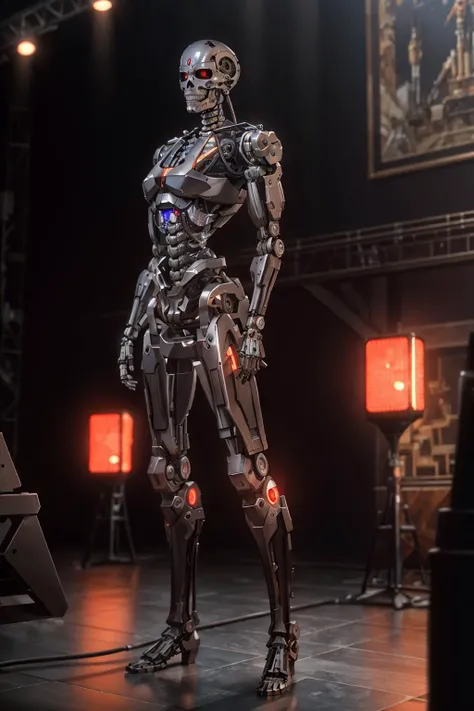 highres,absurdres,masterpiece,best quality,original,extremely detailed CG,extremely detailed wallpaper,perfect lighting,standing on the stage,blurry background,
<lora:terminator:0.5>,endoskeleton,cyborg,
