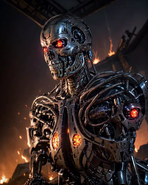 <lyco:terminator:0.8>,medium shot photo of a robot, with red perfect circle glow eyes and metal shiny skull face and chrome metal body,smoke , angry,metal reflex fire flames, fog,dark apocalypse background, intricate detail, blue athmosphere, (sharp focus, eyes focus, masterpiece,best quality, realistic detail,clear image,realistic,high resolution)