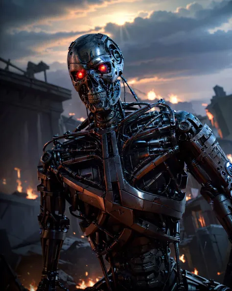 <lyco:terminator:0.8>,medium shot photo of a robot, with red perfect circle glow eyes and metal shiny skull face and chrome metal body,smoke , angry,metal reflex fire flames, fog,dark apocalypse background, intricate detail, blue athmosphere, (sharp focus, eyes focus, masterpiece,best quality, realistic detail,clear image,realistic,high resolution)