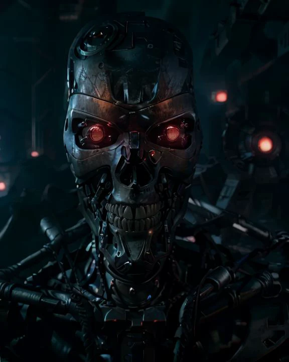 (<lyco:terminator:1.0>cyborg), ((poster film)), (RAW photo, real life, absurdres, high quality, photorealistic, detailed, realistic:1.3), (solo:1.3), (((body shot))), a high resolution photo of a robot, with red eyes glow and metal shiny skull face and chrome metal body, eyes looking camera lenses. ((metal feflex fire, flames, fog, smoke and dark background)), cinematic, atmospheric, 4k, realistic lighting, shot by Hassleblad camera, Zeiss lens, 50mm 1.2 lens, Octane Render, ultra realistic, realistic lighting, photorealistic, photorealism, photoreal, unreal engine, highly detailed, intricate detail, fighting in apocalypse, action, blue athmosphere, looking camera, <lora:terminator:0.2>