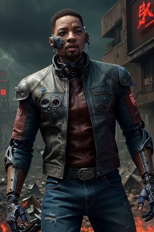 Will Smith as a cyborg, wearing a red leather jacket, torn denim jeans, (bullet hole), (damaged), (mechanical parts), (robotic reveal), ((single mechanical arm)), holding a futuristic gun, cyborg, ((torn jacket)), ((cyborg eye)), ragged clothes
sci-fi wasteland setting,
beautiful, masterpiece, best quality, ((adult)), extremely detailed face, perfect lighting, solo, photorealistic, hi res, hyperdetailed, ultrarealistic, cowboy shot, ((action shot))