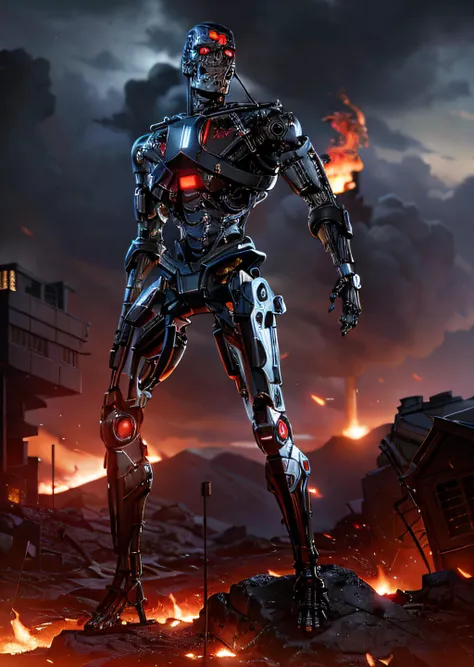 ((A full body terminator cyborg in future city)). (RAW photo, real life, absurdres, high quality, detailed, realistic:1.3), (solo:1.3), a high resolution photo of a t-800 with intricate details, with red eyes glow and metal shiny skull face and chrome metal body, eyes are red camera lenses. ((metal reflex fire, big flames, fog, smoke and dark background)), cinematic, atmospheric, 4k, realistic lighting, shot by Hassleblad camera, Zeiss lens, 50mm 1.2 lens, Octane Render, ultra realistic, realistic lighting, photorealistic, photorealism, unreal engine, highly detailed, intricate detail, gears of war 5, <lyco:terminator:0.8> (((full body))), cracked, broken with lava inside, battle damage, flying aeroships, builds the head or helmet as faithfully as possible to the model, fighter planes in sky, ((body in fire with flames));