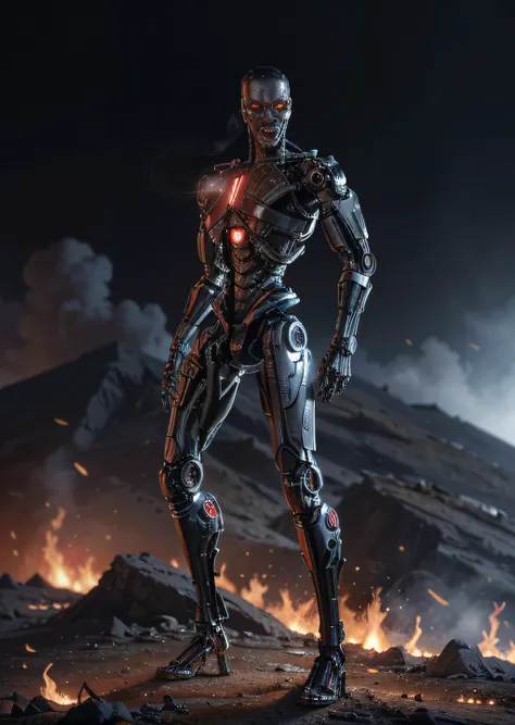 ((A full body  terminator cyborg in future city)). (RAW photo, real life, absurdres, high quality, detailed, realistic:1.3), (solo:1.3), a high resolution photo of a t-800 with intricate details, with red eyes glow and metal shiny skull face and chrome metal body, eyes are red camera lenses. ((metal reflex fire, big flames, fog, smoke and dark background)), cinematic, atmospheric, 4k, realistic lighting, shot by Hassleblad camera, Zeiss lens, 50mm 1.2 lens, Octane Render, ultra realistic, realistic lighting, photorealistic, photorealism, unreal engine, highly detailed, intricate detail, <lyco:terminator:0.6> (((full body))), cracked, broken with lava inside, battle damage, flying aeroships, builds the head or helmet as faithfully as possible to the model, fighter planes in sky,