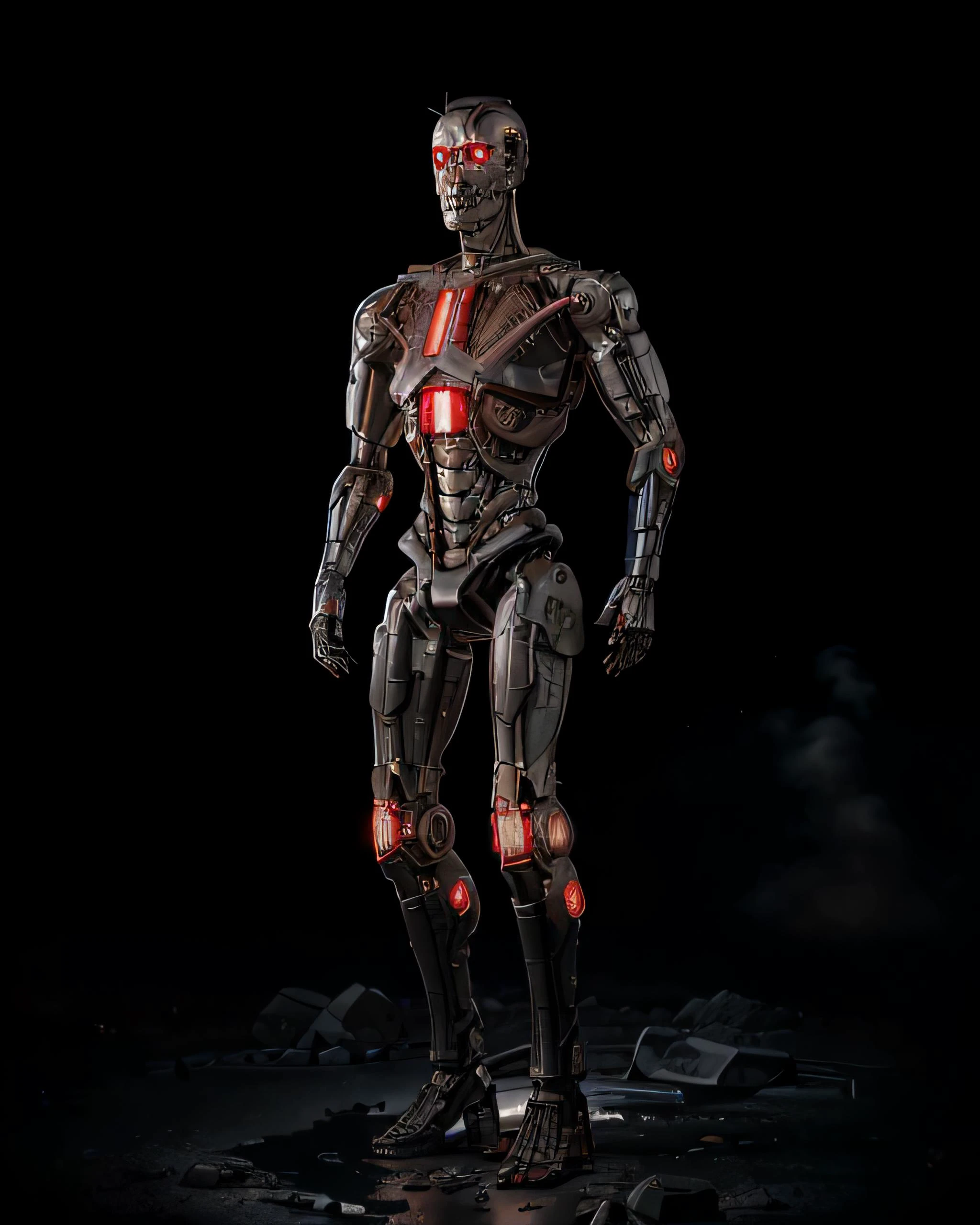 ((A full body terminator cyborg in future city)). (RAW photo, real life, absurdres, high quality, detailed, realistic:1.3), (solo:1.3), a high resolution photo of a t-800 with intricate details, with red eyes glow and metal shiny skull face and chrome metal body, eyes are red camera lenses. ((metal reflex fire, big flames, fog, smoke and dark background)), cinematic, atmospheric, 4k, realistic lighting, shot by Hassleblad camera, Zeiss lens, 50mm 1.2 lens, Octane Render, ultra realistic, realistic lighting, photorealistic, photorealism, unreal engine, highly detailed, intricate detail, <lyco:terminator:0.6> (((half body))), cracked, broken with lava inside, battle damage, flying aeroships, builds the head or helmet as faithfully as possible to the model,