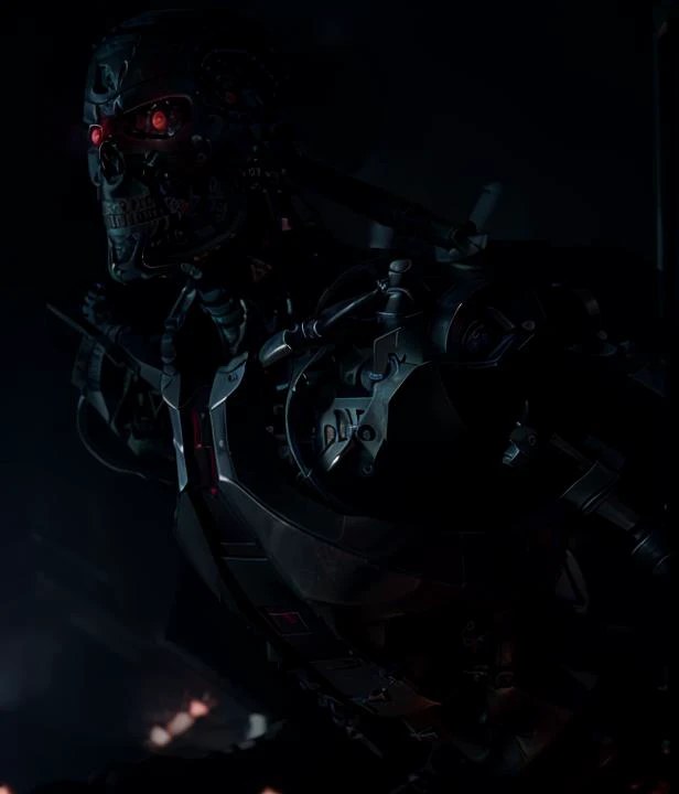 (<lyco:terminator:1.0>cyborg), ((poster film)), (RAW photo, real life, absurdres, high quality, photorealistic, detailed, realistic:1.3), (solo:1.3), (((full body shot))), a high resolution photo of a robot in front view, with red eyes glow and metal shiny skull face and chrome metal body, eyes looking camera lenses. ((metal feflex fire, flames, fog, smoke and dark background)), cinematic, atmospheric, 4k, realistic lighting, shot by Hassleblad camera, Zeiss lens, 50mm 1.2 lens, Octane Render, ultra realistic, realistic lighting, photorealistic, photorealism, photoreal, unreal engine, highly detailed, intricate detail, fighting in apocalypse, action, blue athmosphere,