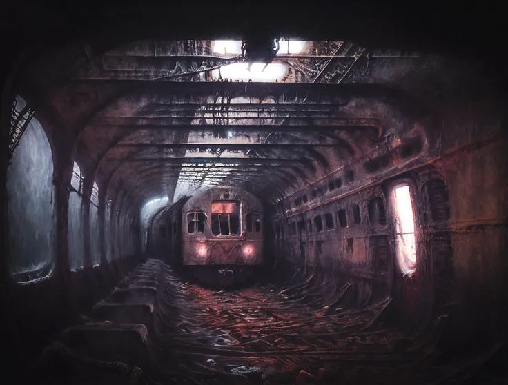 A derelict train on tracks crossing a bottomless abyss, with ghostly passengers peering out of the windows, Drizzle, , Shipwreck, Dissonant,Apparition,Tenebrous, (Grayscale:1.1), (Radial balance:1.1), (Monotyping:1.1), (Floodlight:1.2), Leather, Octagon, ultra detailed, intricate, oil on canvas, dry brush, (surrealism:1.1), (disturbing:1.1), b3ks1nsk1, <lora:beksinski1:1>