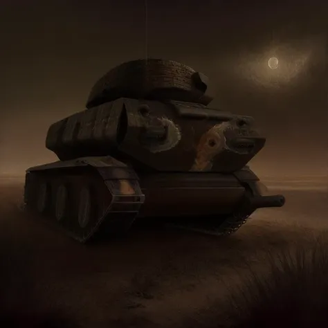 High detail painting in the style of (b3ks1nsk1:1.1) <lora:Beksinski2:0.5> (army_tank:1.3),
(fog, structure, ominous, brown, sky, tombstones, tissue, decaying, backlit, bright, cracked, mysterious figure, crucifix, towering, silhouette, cliffs, orb, pillars, glowing, floating, massive, pathway, walls, gateway, portal, fossils, clamoring, cloak, hooded, monolith, moon:0.6),
8k high definition, highest quality, masterpiece, best quality, 8k, HDR, ultra-detailed, amazing, intricate,
(haze, bones, smoke, corpse, creature:0.8)