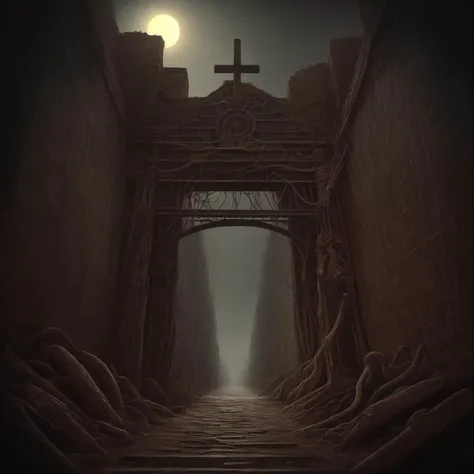 High detail painting in the style of (b3ks1nsk1:1.1) <lora:Beksinski1:0.5>,
(fog, haze, structure, ominous, long, red, orange, sky, bones, spines, creature, apocalyptic, teeth, crucifix, silhouette, cliffs, orb, gargantuan, glowing, floating, massive, lovecraftian, cracked, dry, crumbling, nightmarish, horror, gothic, pathway, gate, machinery, industrial, portal, artifacts, fossils, clamoring, reaper, cloak, hooded, monolith, ethereal, moon, sinister, hellish, clearing, crevasse:0.8), surrealist, dystopian, absurdes, 8k high definition, highest quality, masterpiece, best quality, 8k, HDR, ultra-detailed, amazing, intricate