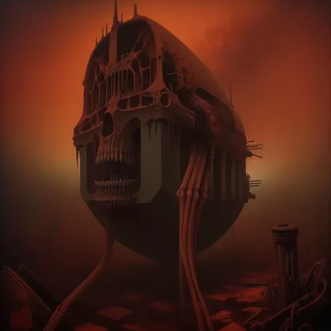 High detail painting in the style of (b3ks1nsk1:1.1) <lora:Beksinski1:0.5> (tank:1.2),
(fog, haze, structures, ominous, long, red, orange, sky, bones, skeleton, skull, creature, apocalyptic, teeth, silhouette, glowing, cathedral, floating, massive, lovecraftian, cracked, dry, crumbling, nightmarish, horror, gothic:0.8), surrealist, dystopian, absurdes, 8k high definition, highest quality, masterpiece, best quality, 8k, HDR, ultra-detailed, amazing, intricate