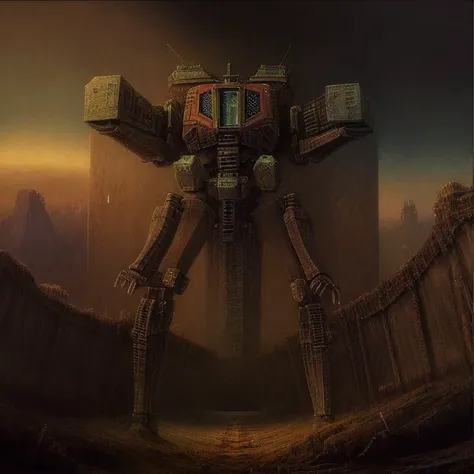 High detail painting in the style of (b3ks1nsk1:1.1) <lora:Beksinski2:0.75> (battle_mech:1.2),
(fog, structure, ominous, brown, sky, tombstones, tissue, decaying, backlit, bright, cracked, mysterious figure, crucifix, towering, silhouette, cliffs, orb, pillars, glowing, floating, massive, pathway, walls, gateway, portal, fossils, clamoring, cloak, hooded, monolith, moon:0.6),
8k high definition, highest quality, masterpiece, best quality, 8k, HDR, ultra-detailed, amazing, intricate,
(haze, bones, smoke, corpse, creature:0.8)