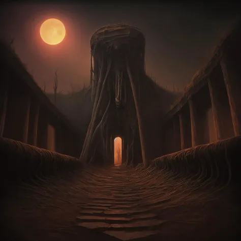 High detail painting in the style of (b3ks1nsk1:1.1) <lora:Beksinski1:0.5>,
(fog, haze, structure, ominous, long, red, orange, sky, bones, spines, creature, apocalyptic, teeth, crucifix, silhouette, cliffs, orb, gargantuan, glowing, floating, massive, lovecraftian, cracked, dry, crumbling, nightmarish, horror, gothic, pathway, gate, machinery, industrial, portal, artifacts, fossils, clamoring, reaper, cloak, hooded, monolith, ethereal, moon, sinister, hellish, clearing, crevasse:0.8), surrealist, dystopian, absurdes, 8k high definition, highest quality, masterpiece, best quality, 8k, HDR, ultra-detailed, amazing, intricate