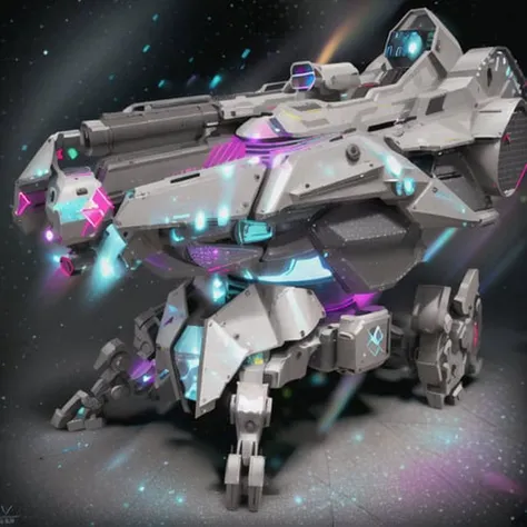 masterpiece, best quality, dramatic angle, ( Holographic, Rainbow, Opal, Vibrant Colors, Colorful), (Halo, Halos, Glowing Eyes, Gradient_Eyes, Glowing Aura, Glowing Energy, Glowing Digital Markings, Glowing Cyber Markings), (professional award-winning cinematic masterpiece), best quality, Symmetrical, Futuristic, sci-fi, aerodynamic,
Armored Core, Ammo Belt, Laser, Laser weapon, sleek and slender,
floating parts, city_lights, galaxy, giant, glowing, night, night_sky, planet, sky, snow, snowing, space, star_\(sky\), starry_sky, wings, fire, darkness, ((non-humanoid robot)), weapon, gun, cannon, military, mechanical parts, (Cyberpunk:1.3), (Luminescent particle:1.5), ,high saturation,low brightness,
Crystal Metal, neon panels,
black metal, red metal, with blue metal metallic accents
<lora:R_QuadrupedMechas:1>
<lora:Body_GlassHair_V1:0.2>