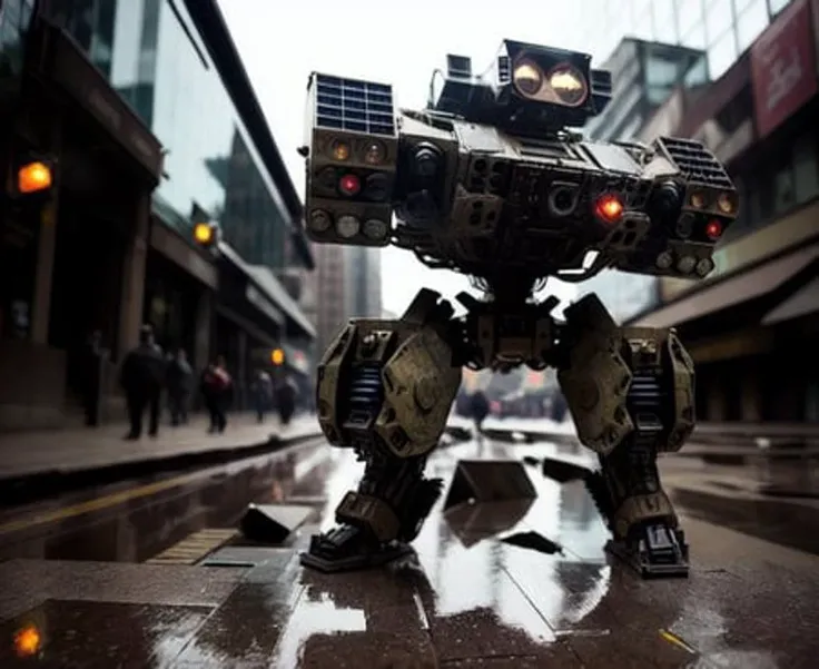 <lora:mechaQuadrupedMechas_mechaQuadrupedMechas:1>,8k wallpaper, masterpiece,Cinematic Lighting, best quality,Illustration,detailed face depiction,dramatic angle,
mecha \\\(flegs\\\), no humans, robot, mecha, realistic, smoke, science fiction, building, weapon, signature, city, blurry, gun, damaged, outdoors, cannon, blurry background, non-humanoid robot, military
