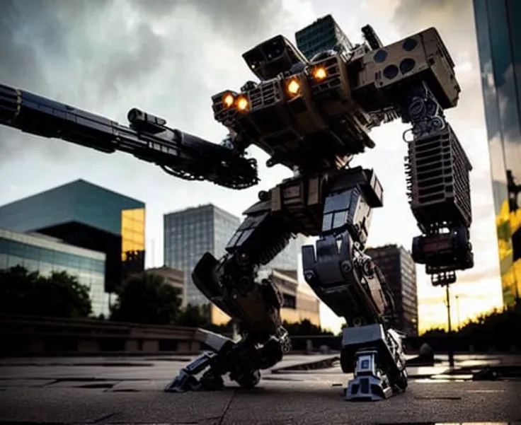 <lora:mechaQuadrupedMechas_mechaQuadrupedMechas:1>,8k wallpaper, masterpiece,Cinematic Lighting, best quality,Illustration,detailed face depiction,dramatic angle,
mecha \\\(flegs\\\), no humans, robot, mecha, realistic, smoke, science fiction, building, weapon, signature, city, blurry, gun, damaged, outdoors, cannon, blurry background, non-humanoid robot, military