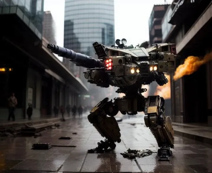 <lora:mechaQuadrupedMechas_mechaQuadrupedMechas:1>,8k wallpaper, masterpiece,Cinematic Lighting, best quality,Illustration,detailed face depiction,dramatic angle,
mecha \\\(flegs\\\), no humans, robot, mecha, realistic, smoke, science fiction, building, weapon, signature, city, blurry, gun, damaged, outdoors, cannon, blurry background, non-humanoid robot, military
