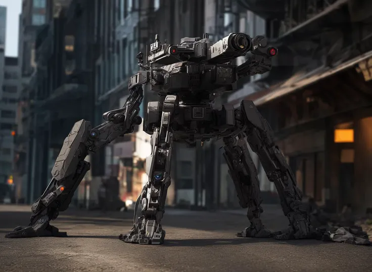 ultra detail, high resolution, best quality, (masterpiece), illustration, ultra-detailed and beautiful, ultra-detailed, CG, unity, wallpaper, amazing, fine detail,,best quality, (((1cat))). masterpiece,best quality,hignity 8k wallpaper,illustration,mecha \\\(flegs\\\), no humans, robot, mecha, realistic, smoke, science 	fiction, building, weapon, city, blurry, gun, damaged, outdoors, cannon, blurry background, non-humanoid robot, military