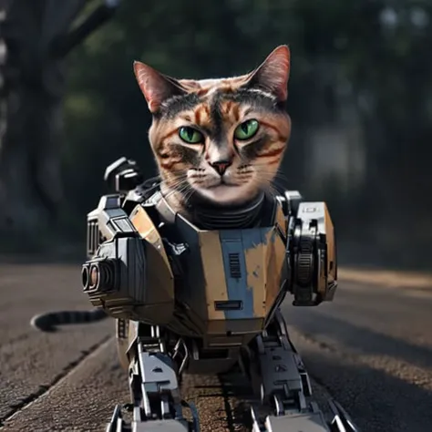 ultra detail, high resolution, best quality, (masterpiece), illustration, ultra-detailed and beautiful, ultra-detailed, CG, unity, wallpaper, amazing, fine detail, masterpiece, top quality,8k, 1 cat,((((Cat wearing mech armor)))),A cat fully equipped with weapons,full body, closeup portrait of nkoctst walking in a misty field, The cat is wearing a futuristic helmet,dream landscape, simulation, physical particles, translucence, cinematic lighting, iridescence, digital painting, ((by ash thorp)), green eyes,robot, mecha, realistic, smoke, science fiction, weapon, blurry, gun, damaged, outdoors, cannon, blurry background, non-humanoid robot, military