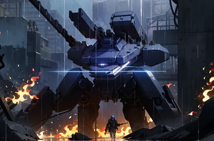 8k wallpaper, masterpiece,Cinematic Lighting, best quality,Illustration,detailed face depiction,dramatic angle,
mecha \\\(flegs\\\), mecha,robot, fire, science fiction, rain, weapon, glowing,city,ruins,wars